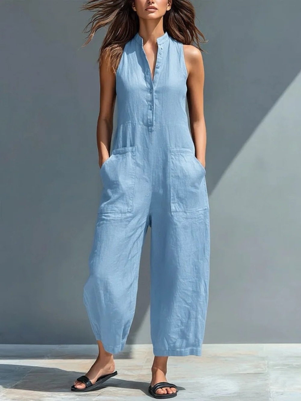 Full Size Button Front Sleeveless Jumpsuit Plus Size